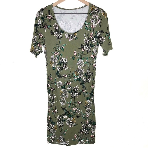 a:glow Maternity Floral Bodycon Midi Dress Scoopneck Short Sleeve Green - Picture 1 of 7